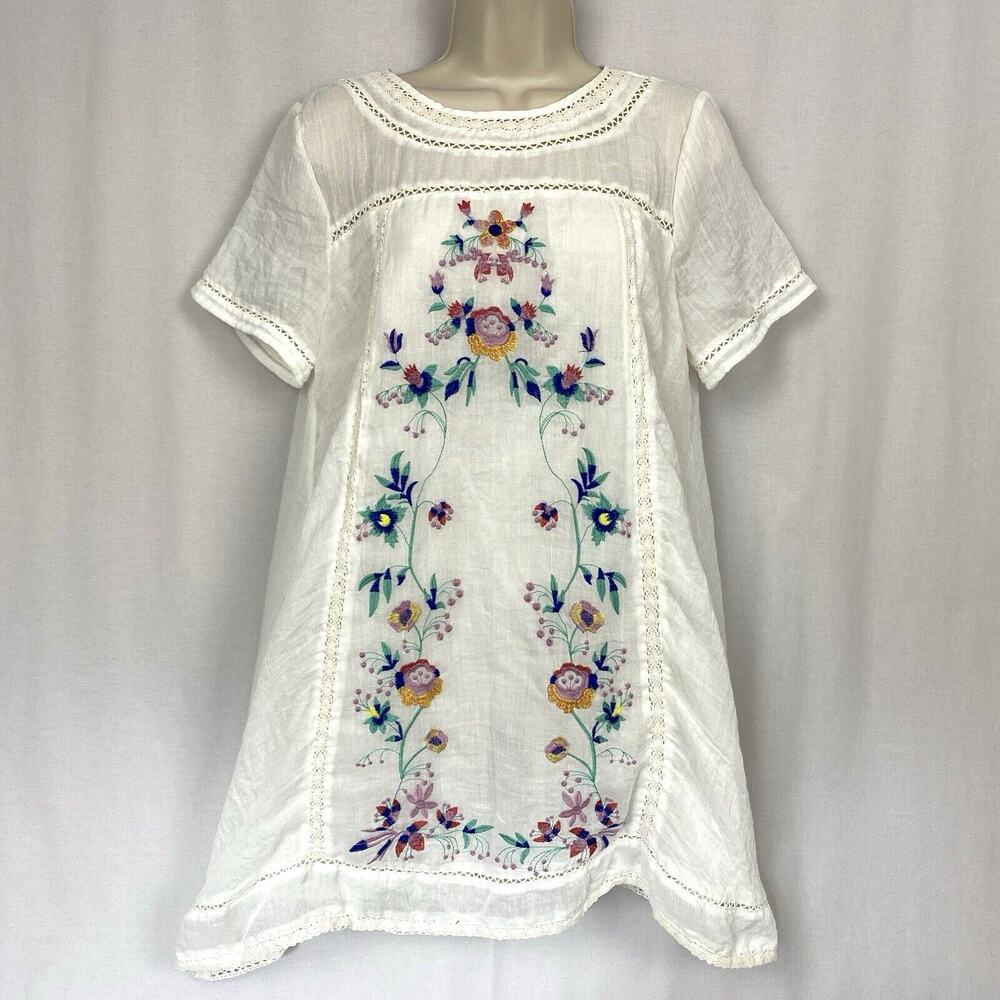 Umgee Tunic Top Women Small White Embroidered Floral Gauze Flowy Coquette Dainty